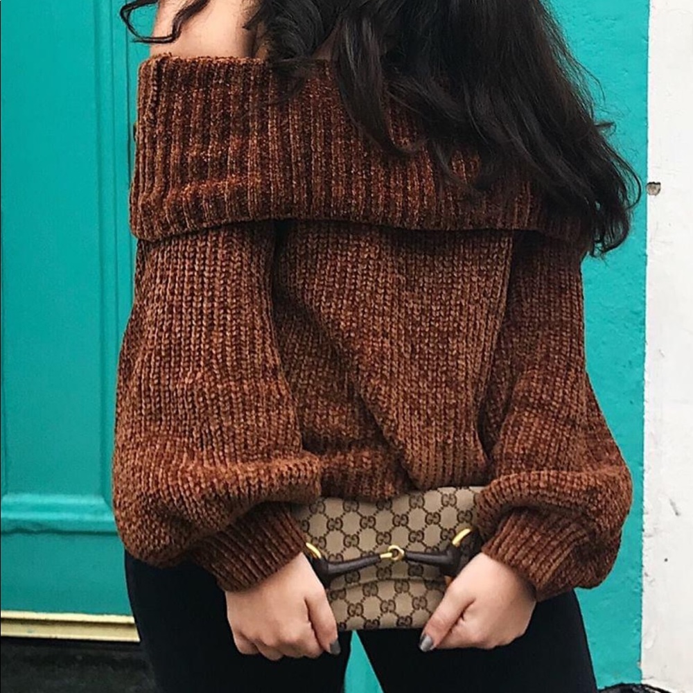 Trendy, warm off the shoulder chestnut sweater